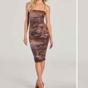 Ruched Spaghetti Strap Bodycon Dress in Brown Floral